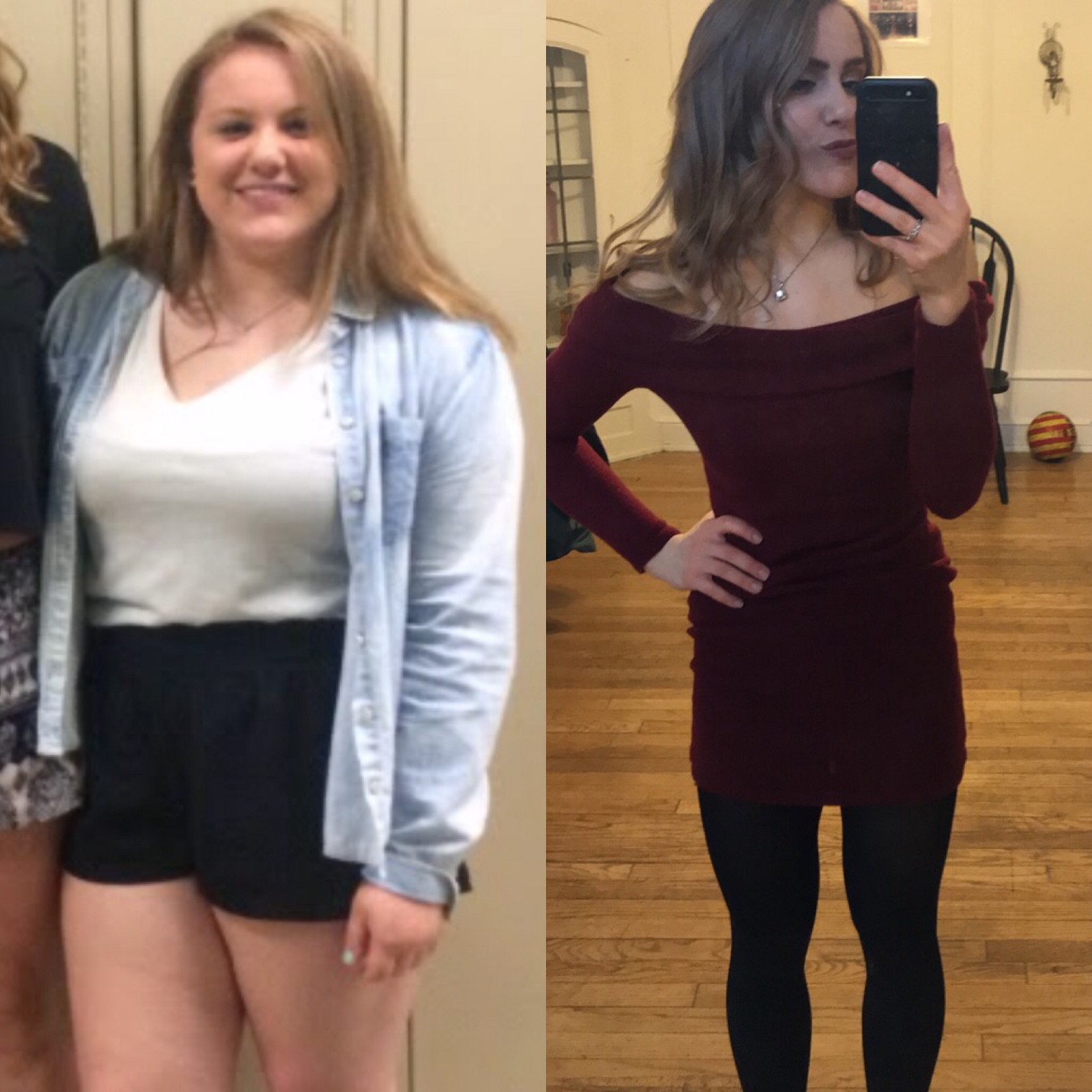 Two pictures (before and after), on the first a girl with some overweight, on the second a happy and self-confident girl without any overweight