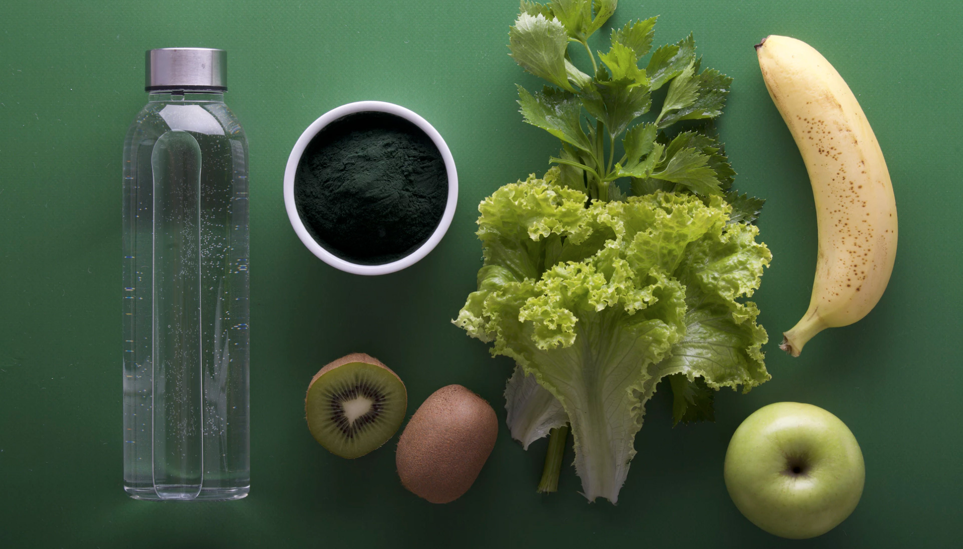 Water in a bottle, vegetables, fruits