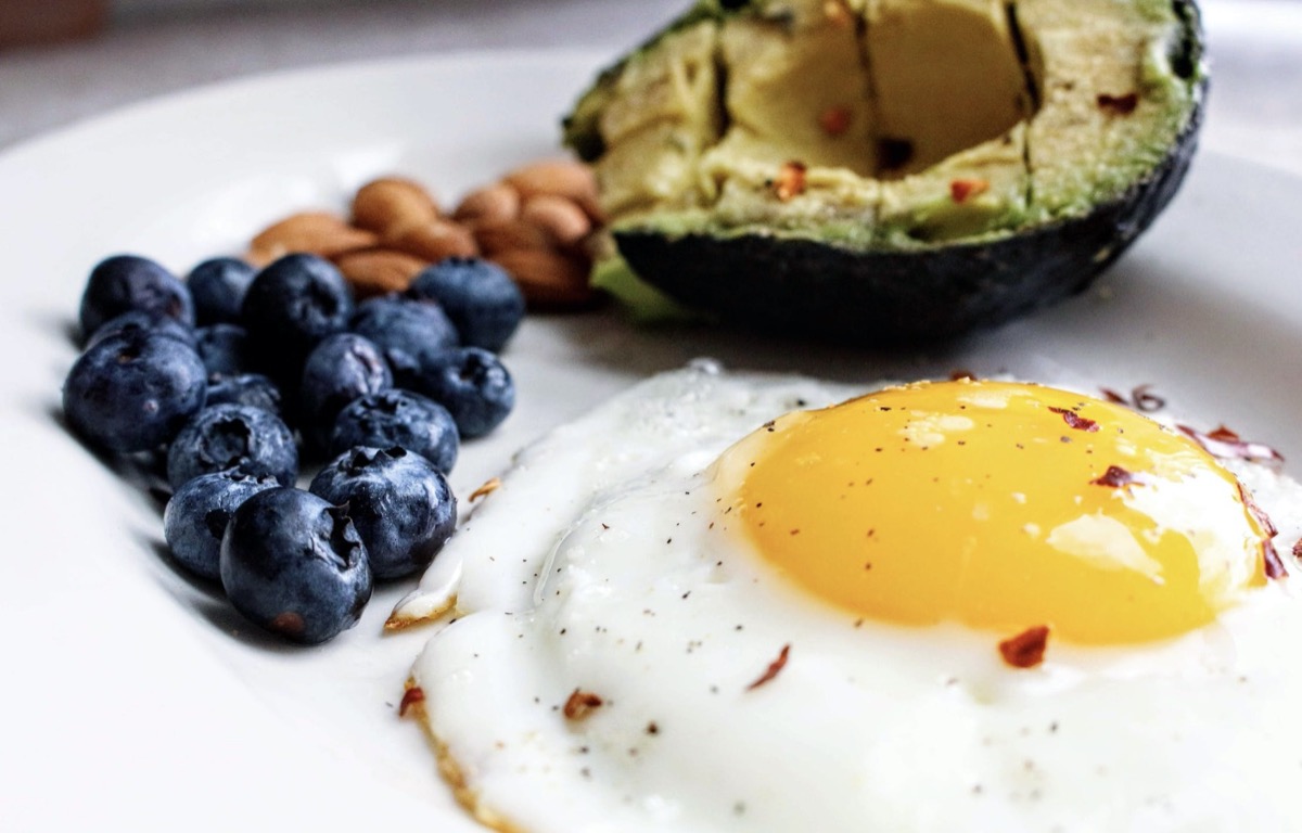 Breakfast plate, eggs, bluebrries, and avocado