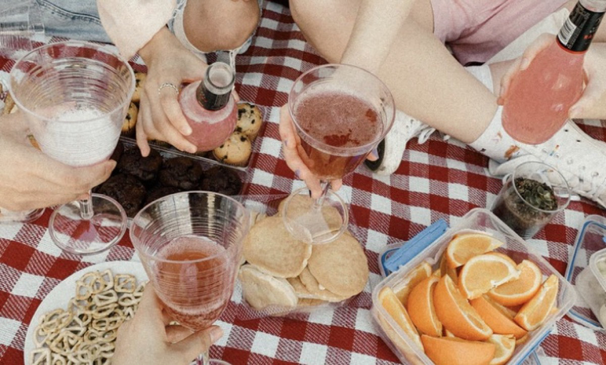 Friends enjoying a picnic and drinks