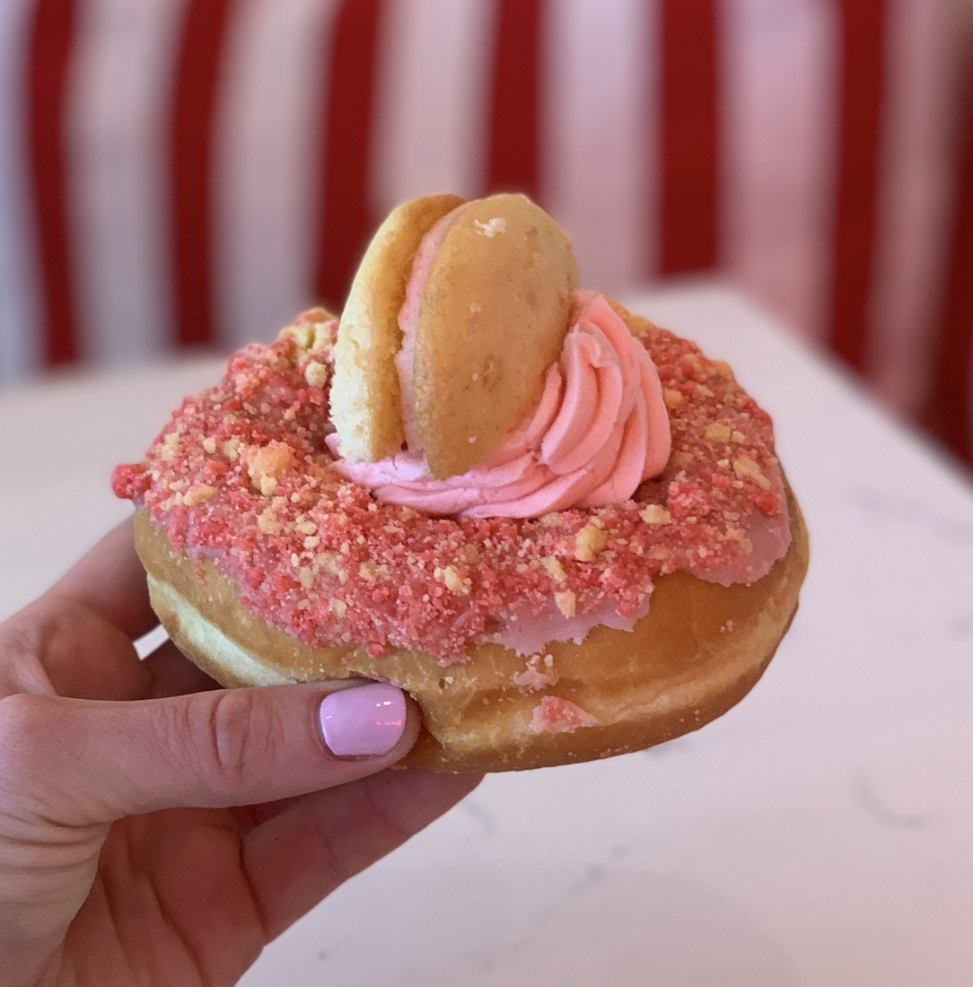 A pink strawberry shortcake donut from a donut shop in Connecticut. 