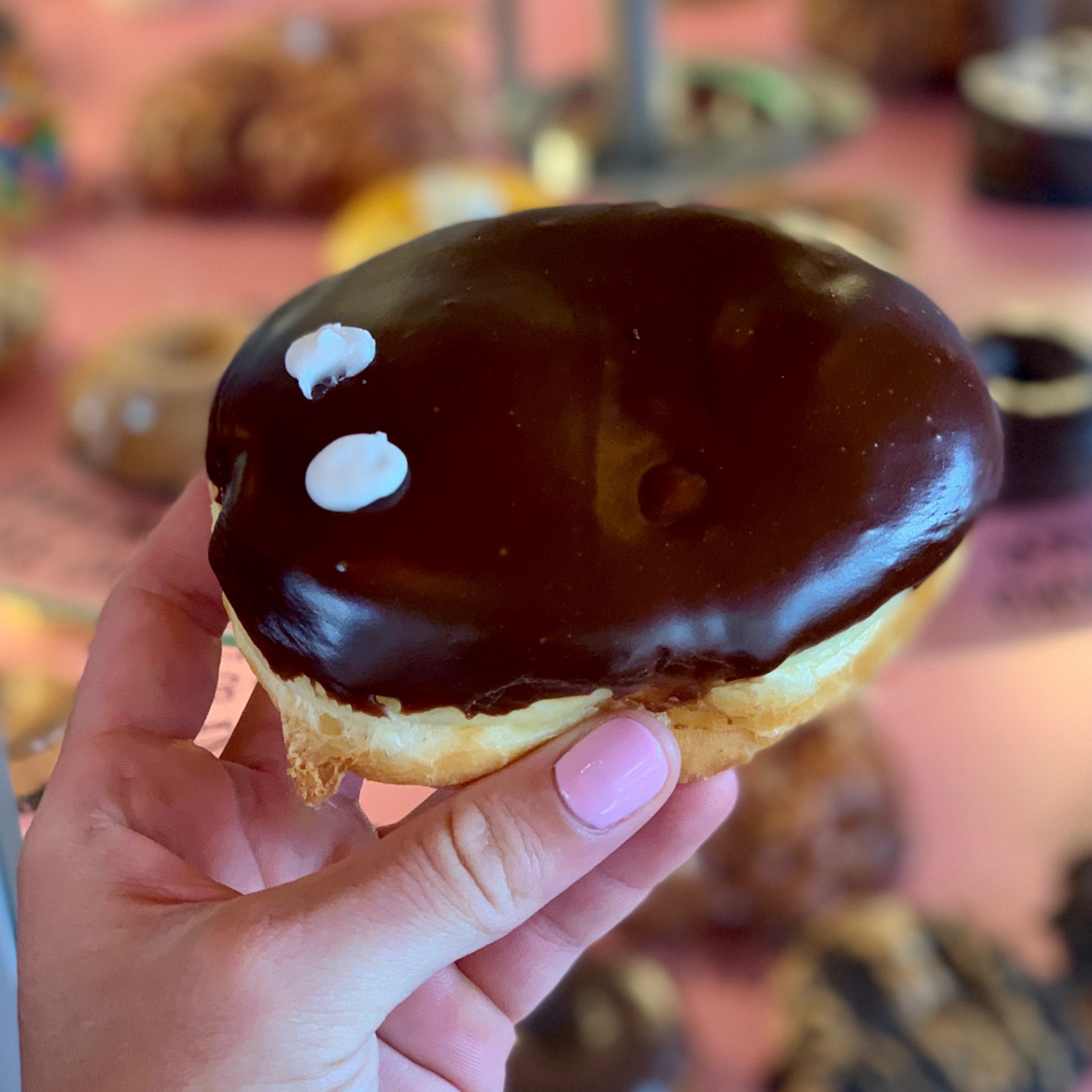 A Portland cream filled donut from Voodoo Donut in Portland, Oregon. 