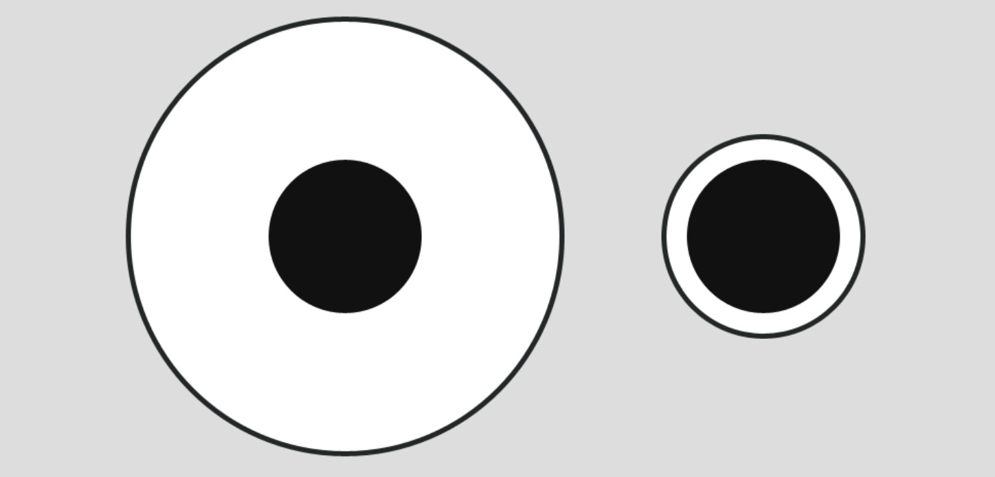White circle with black dot and black circle with white dot which looks bigger or smaller? 