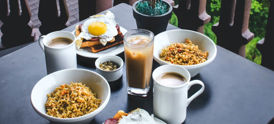 Breakfast during vacation with easy over eggs and coffee