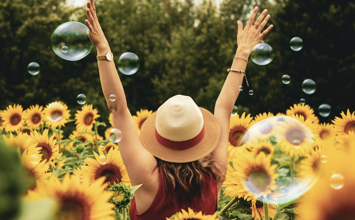 Woman in sunflower field. 